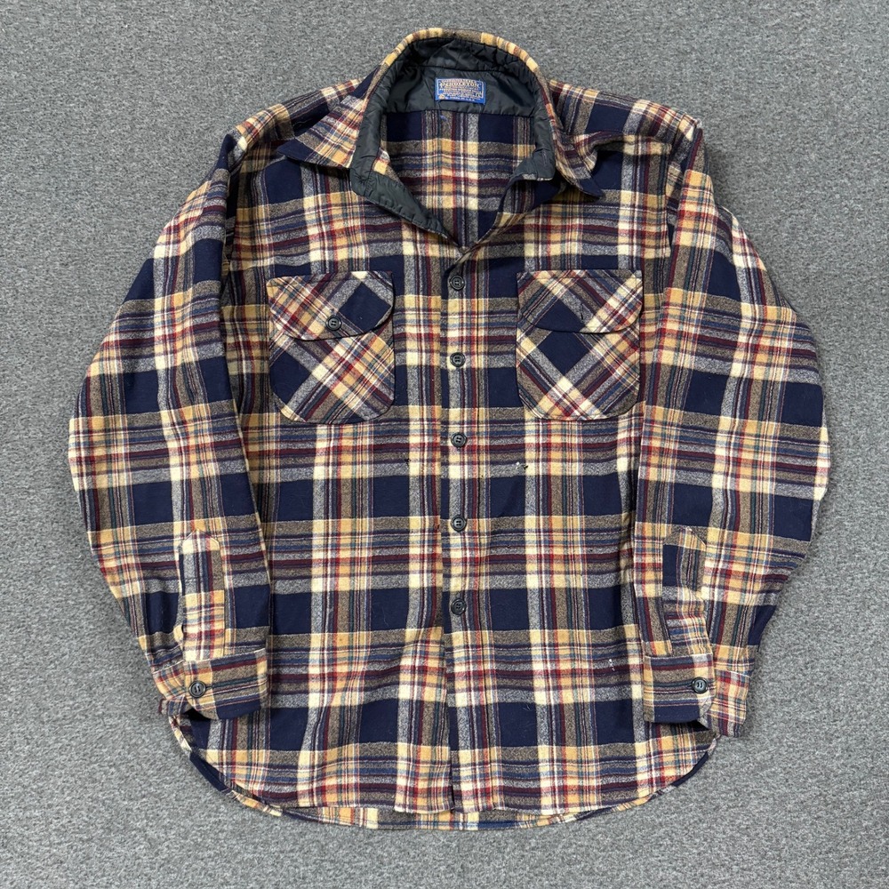 Vintage Pendleton Plaid Wool Flannel Shirt Mens Large Blue Fair USA Made Pockets